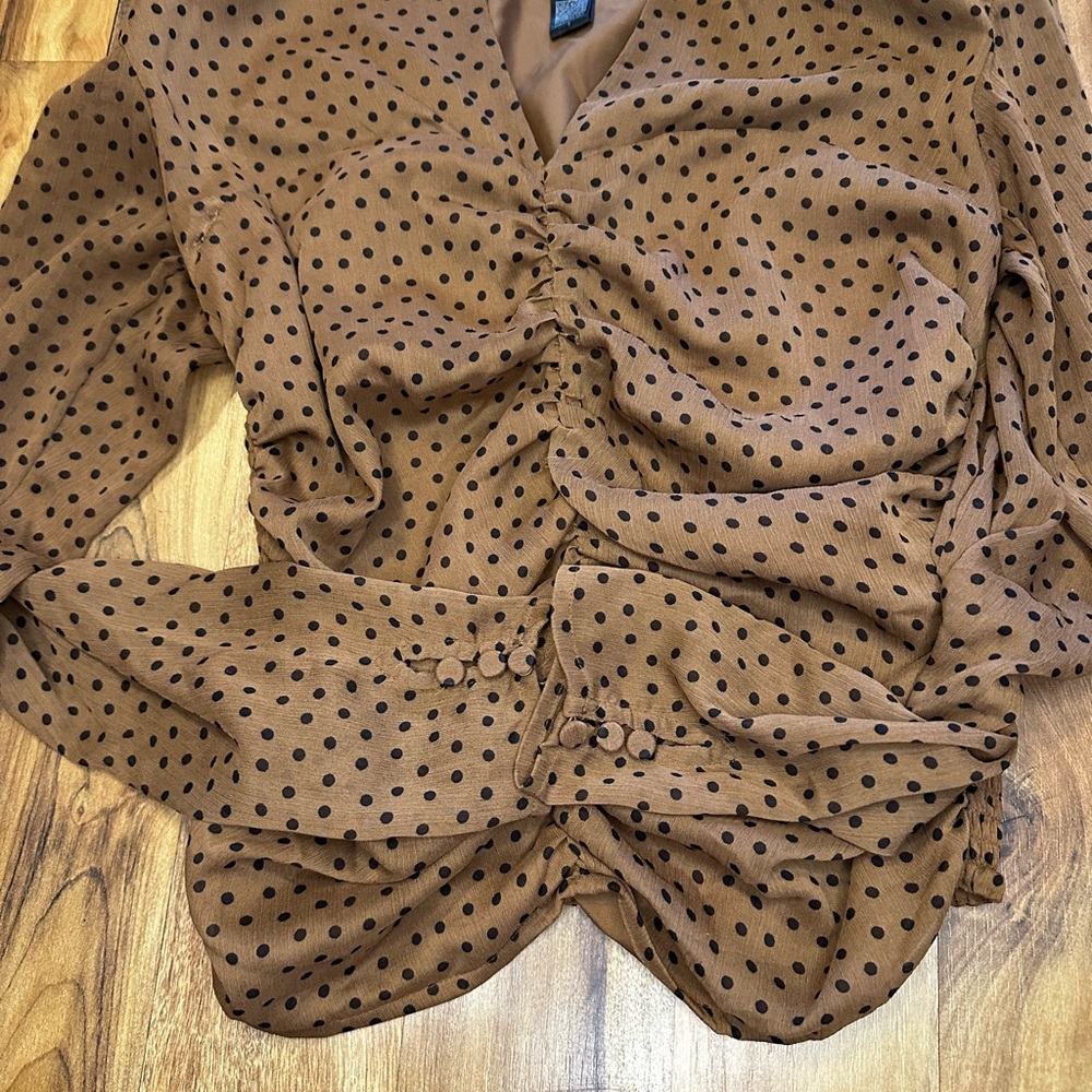 Express Polka Dot Ruched Blouse Womens S Brown Shoulder Pad Puff Sleeve Top - Picture 3 of 8